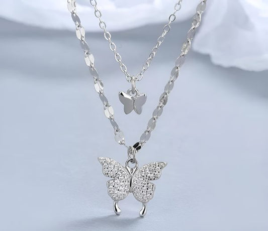 Women Double Layer Pendant Chain Silver Butterfly Necklace Chain